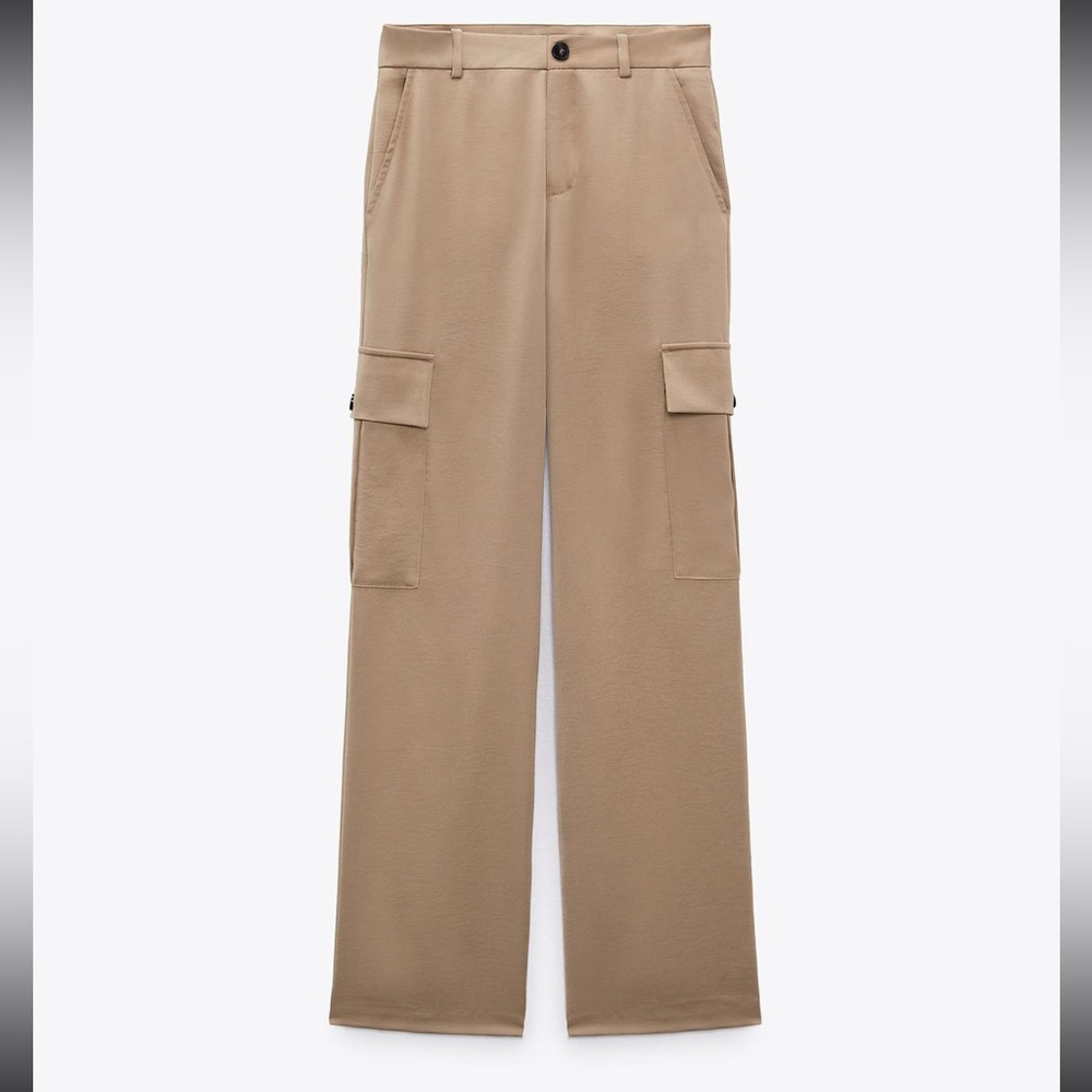 Zara Satin Effect Cargo Pants - Sand